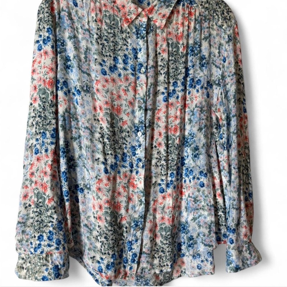 Women’s cottage Floral pink & blue button up shirt- XL